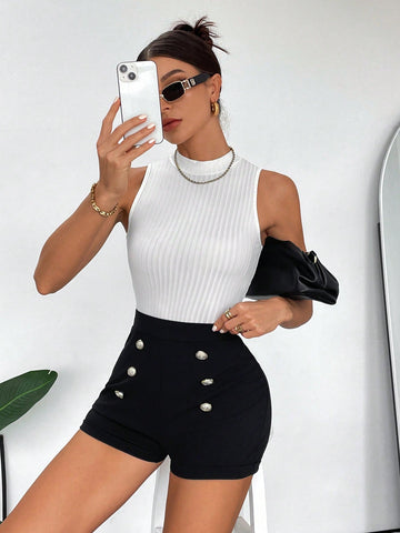 Women'S Summer Casual Commuting Solid Color Stand Collar Vest Shorts Set Women'S Summer Casual Commuting Solid Color Stand Collar Vest Shorts Set