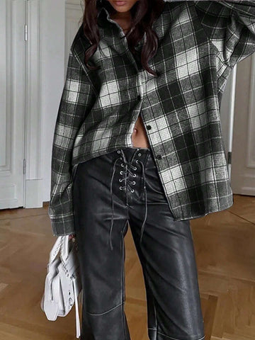 Essnce Women Casual Plaid Drop Shoulder Loose Shirt, Autumn Essnce Women Casual Plaid Drop Shoulder Loose Shirt, Autumn