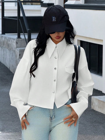 Essnce Women Front Button Long Sleeve Faux Pocket Minimalist Casual Shirt Essnce Women Front Button Long Sleeve Faux Pocket Minimalist Casual Shirt