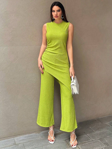 Women's Asymmetrical Hem Sleeveless Top And Pants Set For Daily Commute Women's Asymmetrical Hem Sleeveless Top And Pants Set For Daily Commute