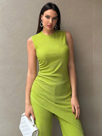 Women's Asymmetrical Hem Sleeveless Top And Pants Set For Daily Commute Women's Asymmetrical Hem Sleeveless Top And Pants Set For Daily Commute