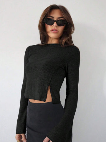 Women's Back To School Shirts Fitted Shirt Grey Ribbed Knit Asymmetrical Split Hem Bell Sleeve Women's Back To School Shirts Fitted Shirt Grey Ribbed Knit Asymmetrical Split Hem Bell Sleeve