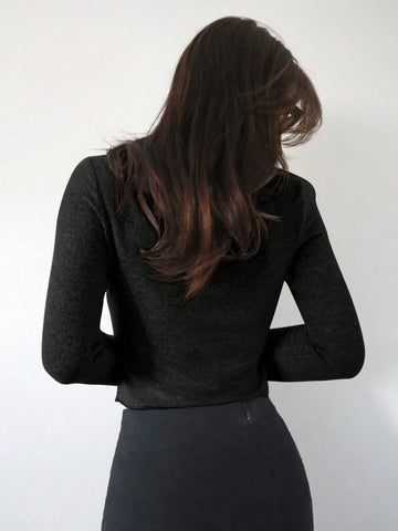 Women's Back To School Shirts Fitted Shirt Grey Ribbed Knit Asymmetrical Split Hem Bell Sleeve Women's Back To School Shirts Fitted Shirt Grey Ribbed Knit Asymmetrical Split Hem Bell Sleeve