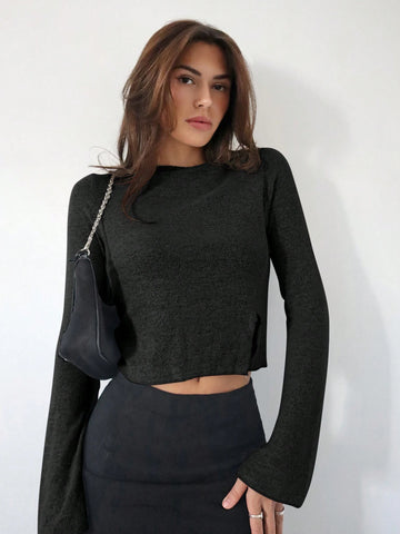 Women's Back To School Shirts Fitted Shirt Grey Ribbed Knit Asymmetrical Split Hem Bell Sleeve Women's Back To School Shirts Fitted Shirt Grey Ribbed Knit Asymmetrical Split Hem Bell Sleeve