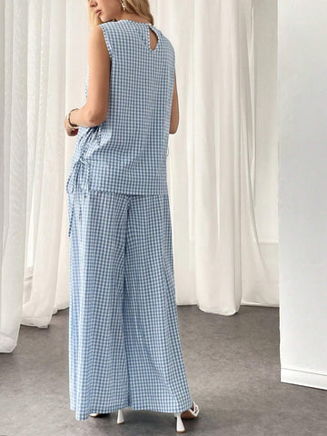 Women's Summer Sleeveless Artistic Pleated Cami Top And Wide Leg Casual Pants Set, Black Women's Summer Sleeveless Artistic Pleated Cami Top And Wide Leg Casual Pants Set, Black