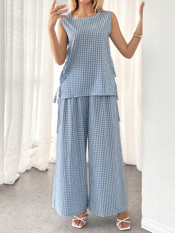 Women's Summer Sleeveless Artistic Pleated Cami Top And Wide Leg Casual Pants Set, Black Women's Summer Sleeveless Artistic Pleated Cami Top And Wide Leg Casual Pants Set, Black