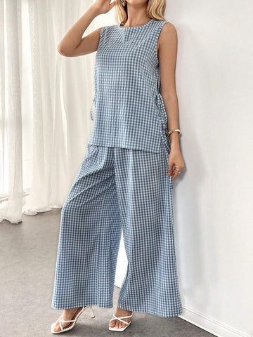 Women's Summer Sleeveless Artistic Pleated Cami Top And Wide Leg Casual Pants Set, Black Women's Summer Sleeveless Artistic Pleated Cami Top And Wide Leg Casual Pants Set, Black
