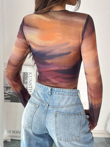 Women's Casual Fashion Pleated Mesh Floral Print Bodysuit For Summer Women's Casual Fashion Pleated Mesh Floral Print Bodysuit For Summer