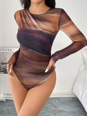 Women's Casual Fashion Pleated Mesh Floral Print Bodysuit For Summer Women's Casual Fashion Pleated Mesh Floral Print Bodysuit For Summer