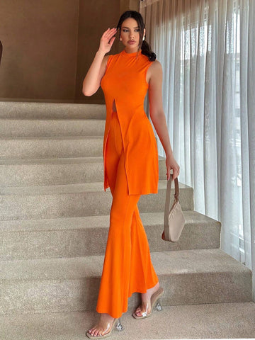 Women's Casual Knitted Solid Color Stand Collar Sleeveless Top With High Slit Hem And Long Pants Set Women's Casual Knitted Solid Color Stand Collar Sleeveless Top With High Slit Hem And Long Pants Set
