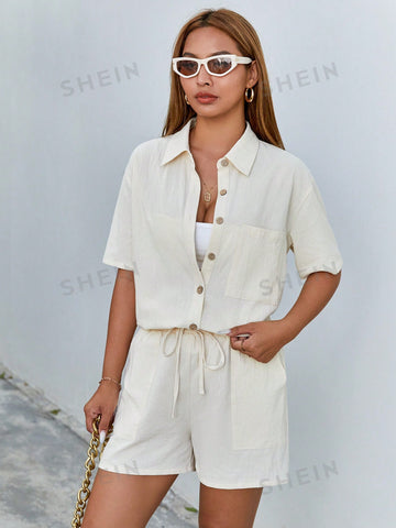 Women's Casual Short Sleeve Shirt And Shorts Set For Spring/Summer Women's Casual Short Sleeve Shirt And Shorts Set For Spring/Summer