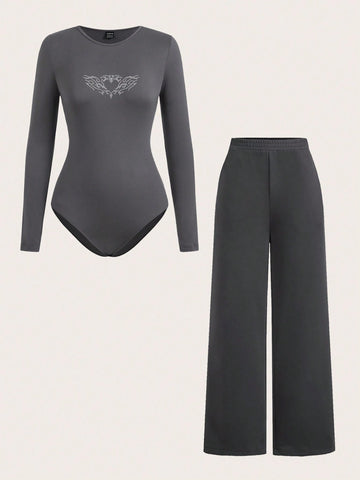 Women's Crew Neck Long Sleeve Printed Jumpsuit & Wide Leg Thin Sweatpants 2 Piece Set, Casual Daily All-Match Women's Crew Neck Long Sleeve Printed Jumpsuit & Wide Leg Thin Sweatpants 2 Piece Set, Casual Daily All-Match