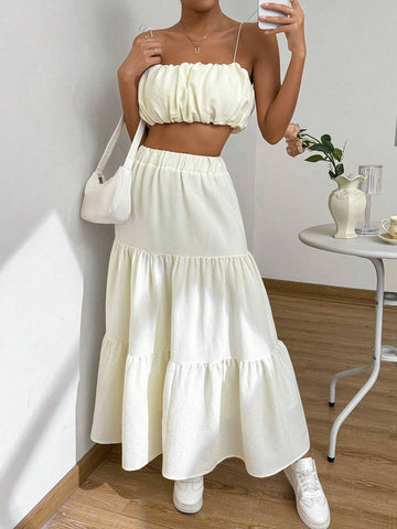 Women's Fashionable Solid Color Cami Top And Textured Skirt Set Women's Fashionable Solid Color Cami Top And Textured Skirt Set