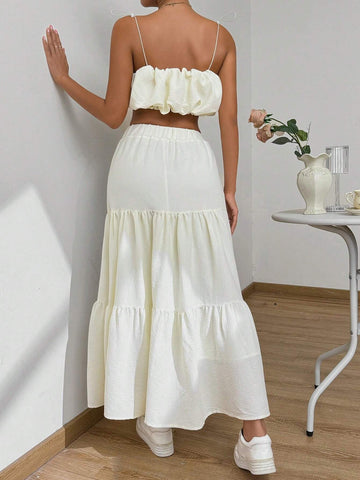 Women's Fashionable Solid Color Cami Top And Textured Skirt Set Women's Fashionable Solid Color Cami Top And Textured Skirt Set