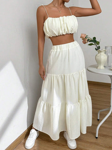 Women's Fashionable Solid Color Cami Top And Textured Skirt Set Women's Fashionable Solid Color Cami Top And Textured Skirt Set