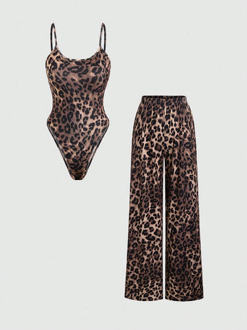 Women's Leopard Print Cami Top And Long Pants Set, Simple Daily Wear Women's Leopard Print Cami Top And Long Pants Set, Simple Daily Wear