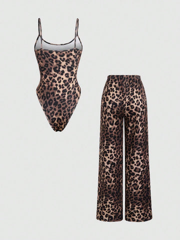 Women's Leopard Print Cami Top And Long Pants Set, Simple Daily Wear Women's Leopard Print Cami Top And Long Pants Set, Simple Daily Wear