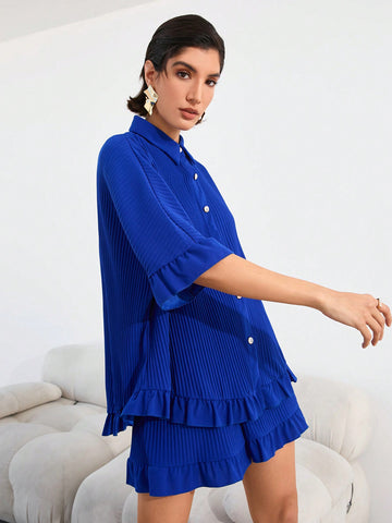 Women's Ribbed Top And Shorts Set With Single Breasted Buckle Women's Ribbed Top And Shorts Set With Single Breasted Buckle