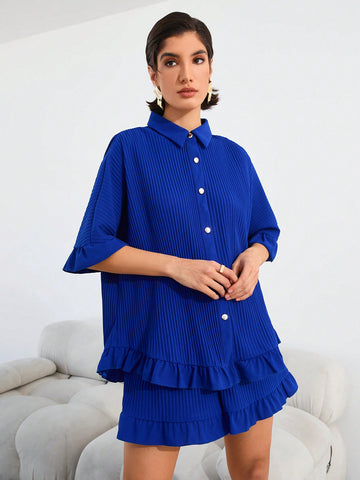 Women's Ribbed Top And Shorts Set With Single Breasted Buckle Women's Ribbed Top And Shorts Set With Single Breasted Buckle