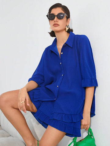 Women's Ribbed Top And Shorts Set With Single Breasted Buckle Women's Ribbed Top And Shorts Set With Single Breasted Buckle