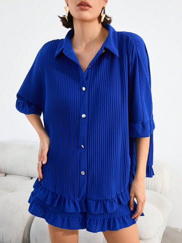 Women's Ribbed Top And Shorts Set With Single Breasted Buckle Women's Ribbed Top And Shorts Set With Single Breasted Buckle