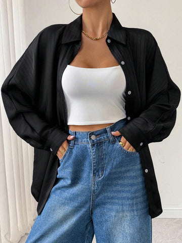 Essnce Women's Solid Color Batwing Sleeve Single-Breasted Blouse, Spring Autumn Essnce Women's Solid Color Batwing Sleeve Single-Breasted Blouse, Spring Autumn