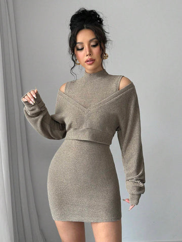 Women's Solid Color Deep V-Neck Bodycon Dress Set With Stand Collar Sleeveless Vest, Suitable For Spring And Autumn Women's Solid Color Deep V-Neck Bodycon Dress Set With Stand Collar Sleeveless Vest, Suitable For Spring And Autumn