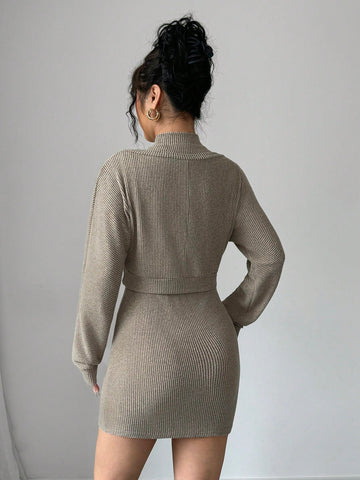 Women's Solid Color Deep V-Neck Bodycon Dress Set With Stand Collar Sleeveless Vest, Suitable For Spring And Autumn Women's Solid Color Deep V-Neck Bodycon Dress Set With Stand Collar Sleeveless Vest, Suitable For Spring And Autumn