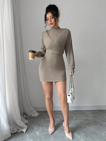 Women's Solid Color Deep V-Neck Bodycon Dress Set With Stand Collar Sleeveless Vest, Suitable For Spring And Autumn Women's Solid Color Deep V-Neck Bodycon Dress Set With Stand Collar Sleeveless Vest, Suitable For Spring And Autumn