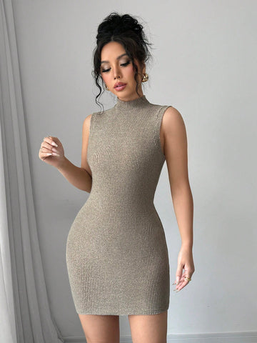 Women's Solid Color Deep V-Neck Bodycon Dress Set With Stand Collar Sleeveless Vest, Suitable For Spring And Autumn Women's Solid Color Deep V-Neck Bodycon Dress Set With Stand Collar Sleeveless Vest, Suitable For Spring And Autumn