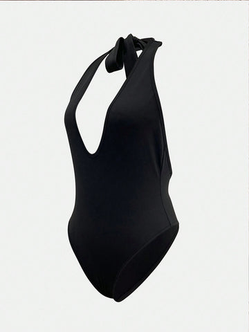 Women's Solid Color Halter Tie-Up Casual Bodysuit Women's Solid Color Halter Tie-Up Casual Bodysuit