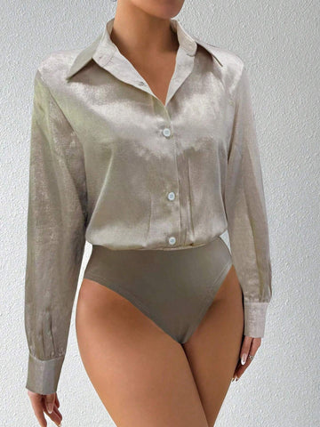 Women's Solid Color Long Sleeve Single-Breasted Casual Bodysuit, Autumn Women's Solid Color Long Sleeve Single-Breasted Casual Bodysuit, Autumn