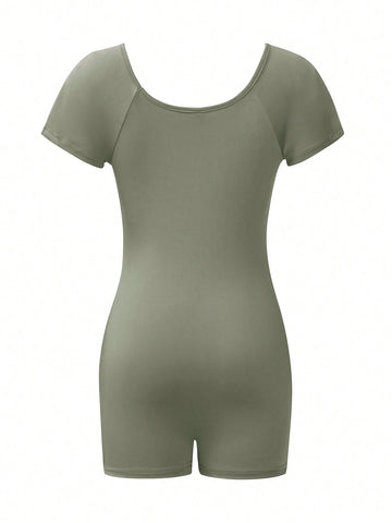 Women's Solid Color Round Neck Short Sleeve Jumpsuit, Simple And Versatile, Summer Women's Solid Color Round Neck Short Sleeve Jumpsuit, Simple And Versatile, Summer
