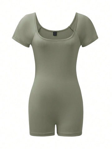 Women's Solid Color Round Neck Short Sleeve Jumpsuit, Simple And Versatile, Summer Women's Solid Color Round Neck Short Sleeve Jumpsuit, Simple And Versatile, Summer