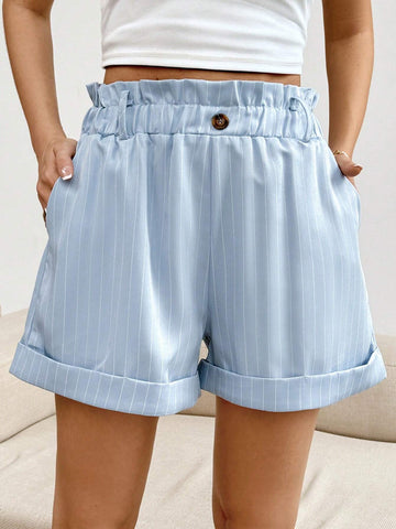 Essnce Women's Striped Buttoned Loose Shorts With Curled Hems And Ruffled Waist Essnce Women's Striped Buttoned Loose Shorts With Curled Hems And Ruffled Waist