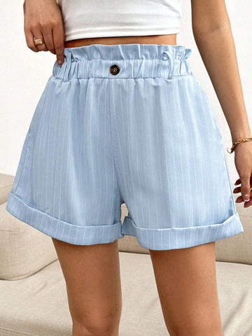 Essnce Women's Striped Buttoned Loose Shorts With Curled Hems And Ruffled Waist Essnce Women's Striped Buttoned Loose Shorts With Curled Hems And Ruffled Waist
