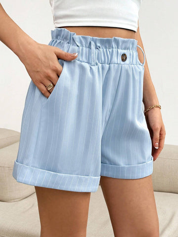Essnce Women's Striped Buttoned Loose Shorts With Curled Hems And Ruffled Waist Essnce Women's Striped Buttoned Loose Shorts With Curled Hems And Ruffled Waist