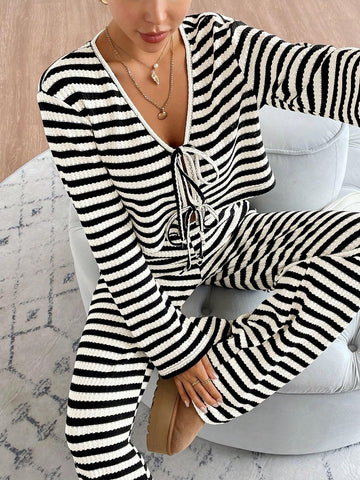 Women's Two-Piece Set With Front Center Bow Tie, Black And White Striped Cardigan, Knitted Striped Extra-Long Floor-Length Pants, Wide-Leg Pants, Loose And Slim Women's Two-Piece Set, Autumn And Winter Suit For Women Women's Two-Piece Set With Front Center Bow Tie, Black And White Striped Cardigan, Knitted Striped Extra-Long Floor-Length Pants, Wide-Leg Pants, Loose And Slim Women's Two-Piece Set, Autumn And Winter Suit For Women