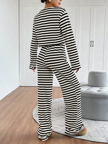 Women's Two-Piece Set With Front Center Bow Tie, Black And White Striped Cardigan, Knitted Striped Extra-Long Floor-Length Pants, Wide-Leg Pants, Loose And Slim Women's Two-Piece Set, Autumn And Winter Suit For Women Women's Two-Piece Set With Front Center Bow Tie, Black And White Striped Cardigan, Knitted Striped Extra-Long Floor-Length Pants, Wide-Leg Pants, Loose And Slim Women's Two-Piece Set, Autumn And Winter Suit For Women