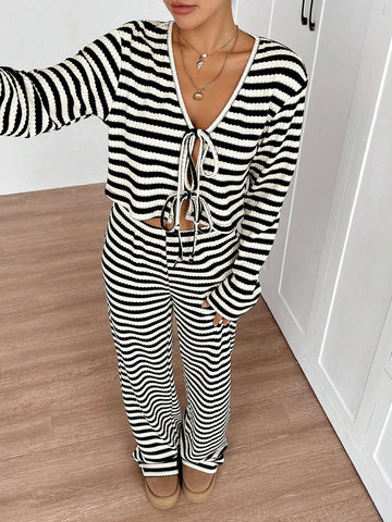 Women's Two-Piece Set With Front Center Bow Tie, Black And White Striped Cardigan, Knitted Striped Extra-Long Floor-Length Pants, Wide-Leg Pants, Loose And Slim Women's Two-Piece Set, Autumn And Winter Suit For Women Women's Two-Piece Set With Front Center Bow Tie, Black And White Striped Cardigan, Knitted Striped Extra-Long Floor-Length Pants, Wide-Leg Pants, Loose And Slim Women's Two-Piece Set, Autumn And Winter Suit For Women