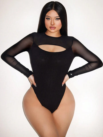 Solid Color Hollow-Out Mesh Panel Sexy Long Sleeve Bodysuit Solid Color Hollow-Out Mesh Panel Sexy Long Sleeve Bodysuit