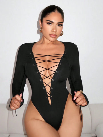 Women's Long Sleeve Deep V-Neck Criss-Cross Lace-Up Front Bodysuit Women's Long Sleeve Deep V-Neck Criss-Cross Lace-Up Front Bodysuit
