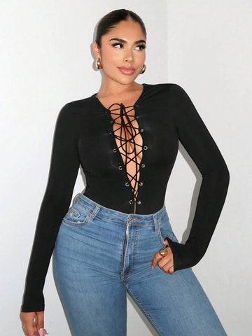 Women's Long Sleeve Deep V-Neck Criss-Cross Lace-Up Front Bodysuit Women's Long Sleeve Deep V-Neck Criss-Cross Lace-Up Front Bodysuit