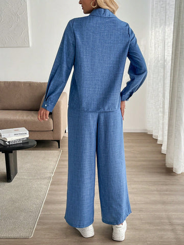 2pcs Set: Casual Turndown Collar Single-Breasted Long Sleeve Shirt + Elastic Waist Pants 2pcs Set: Casual Turndown Collar Single-Breasted Long Sleeve Shirt + Elastic Waist Pants