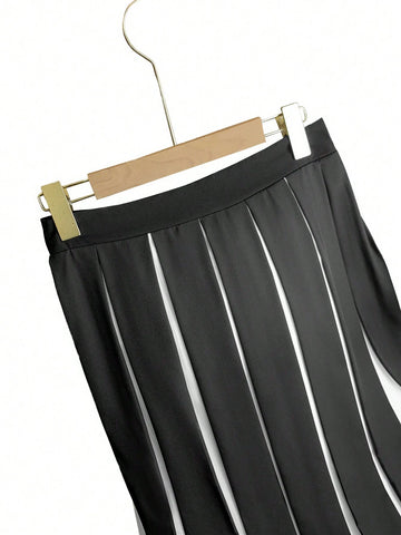 Franclia Ladies Elegant A-Line Pleated Colorblock Black & White Non-Stretch Midi Skirt, Suitable For Daily Commute & Casual Wear In Autumn/Winter Maxi Women Outfit Franclia Ladies Elegant A-Line Pleated Colorblock Black & White Non-Stretch Midi Skirt, Suitable For Daily Commute & Casual Wear In Autumn/Winter Maxi Women Outfit