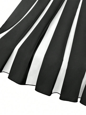 Franclia Ladies Elegant A-Line Pleated Colorblock Black & White Non-Stretch Midi Skirt, Suitable For Daily Commute & Casual Wear In Autumn/Winter Maxi Women Outfit Franclia Ladies Elegant A-Line Pleated Colorblock Black & White Non-Stretch Midi Skirt, Suitable For Daily Commute & Casual Wear In Autumn/Winter Maxi Women Outfit