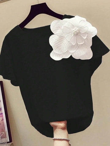 Women Round Neck Short Sleeve Casual 3D Flower Print T-Shirt, Summer Women Round Neck Short Sleeve Casual 3D Flower Print T-Shirt, Summer