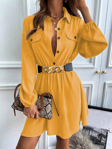1pc Solid Color Front Button Closure Casual Long Sleeve Dress 1pc Solid Color Front Button Closure Casual Long Sleeve Dress