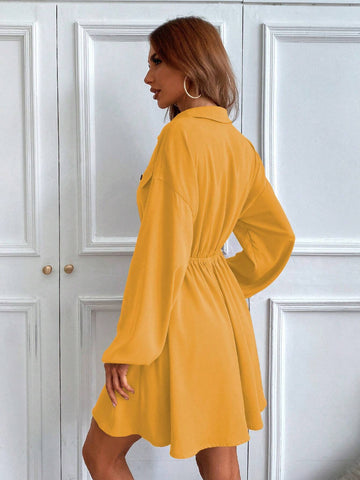 1pc Solid Color Front Button Closure Casual Long Sleeve Dress 1pc Solid Color Front Button Closure Casual Long Sleeve Dress