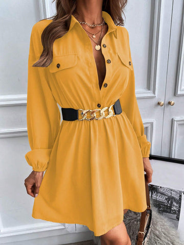 1pc Solid Color Front Button Closure Casual Long Sleeve Dress 1pc Solid Color Front Button Closure Casual Long Sleeve Dress